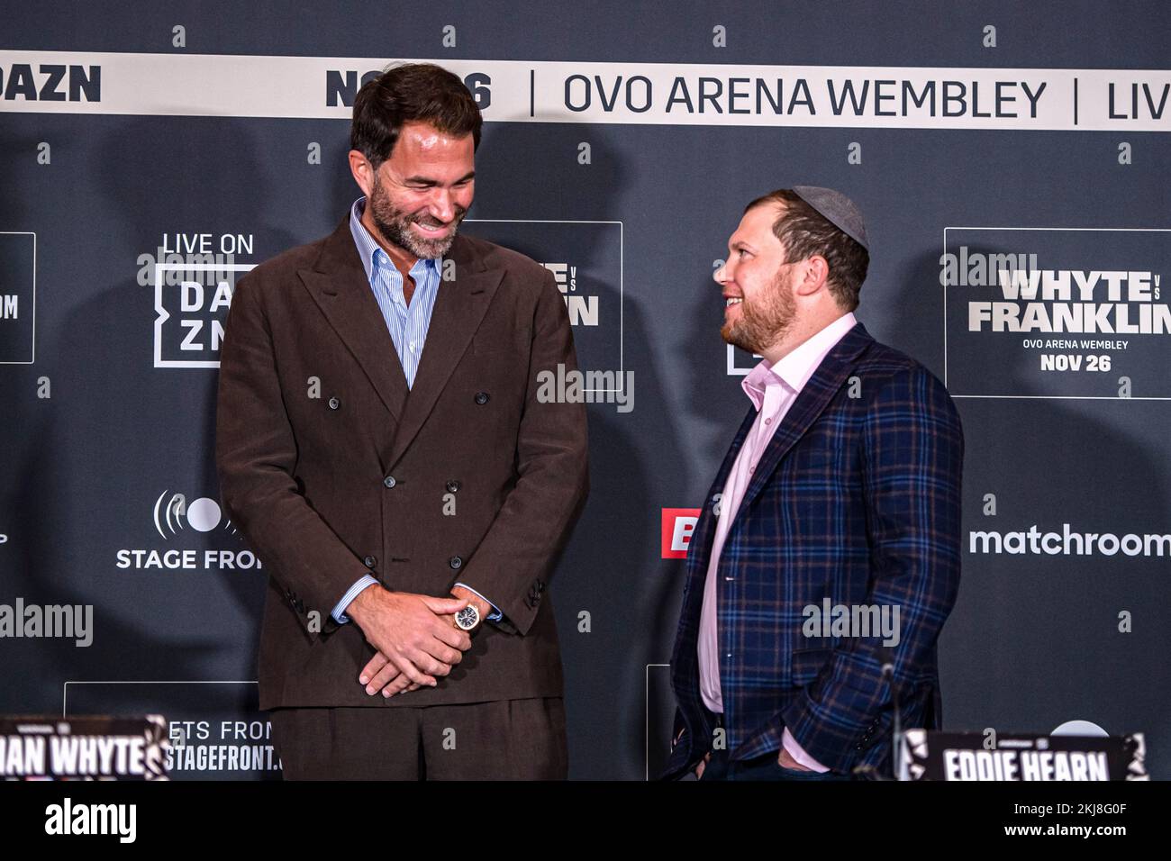 LONDON, UNITED KINGDOM. 24th Nov, 2022. Eddie Hearn (right) during Whyte vs Franklin Press Conference at Royal Institute of British Architects, Florence Hall on Thursday, November 24, 2022 in LONDON (Editorial use only, license required for commercial use. No use in betting, games or a single club/league/player publications.) Credit: Taka G Wu/Alamy Live News Stock Photo