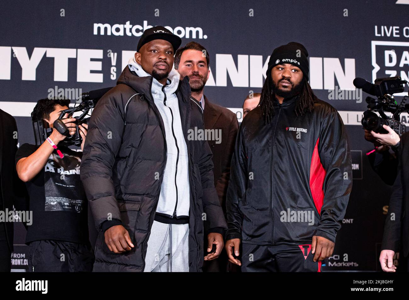 LONDON, UNITED KINGDOM. 24th Nov, 2022. Dillian Whyte (left) and Jermaine Franklin f(right) ace off during Whyte vs Franklin Press Conference at Royal Institute of British Architects, Florence Hall on Thursday, November 24, 2022 in LONDON (Editorial use only, license required for commercial use. No use in betting, games or a single club/league/player publications.) Credit: Taka G Wu/Alamy Live News Stock Photo