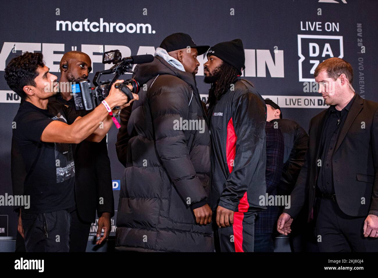 LONDON, UNITED KINGDOM. 24th Nov, 2022. Dillian Whyte (left) and Jermaine Franklin f(right) ace off during Whyte vs Franklin Press Conference at Royal Institute of British Architects, Florence Hall on Thursday, November 24, 2022 in LONDON (Editorial use only, license required for commercial use. No use in betting, games or a single club/league/player publications.) Credit: Taka G Wu/Alamy Live News Stock Photo