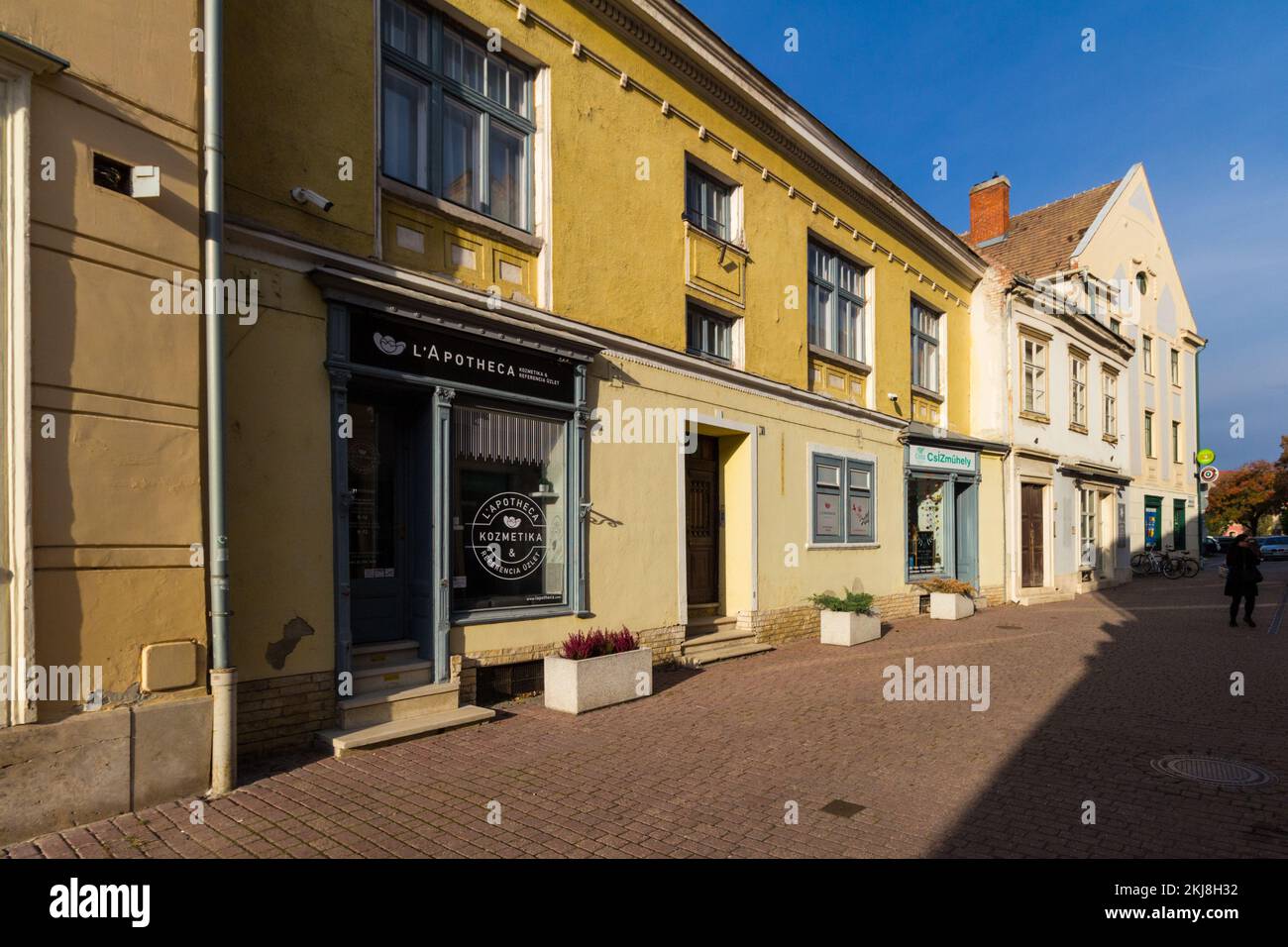 Shop fronts in Varkerulet / Szinhaz utca with ornate old wooden portals, Sopron, Hungary Stock Photo