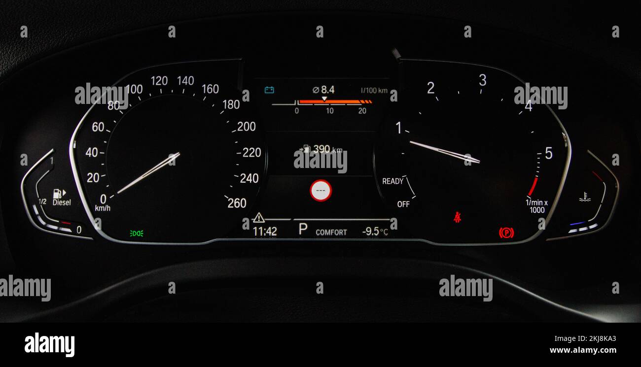Modern digital car mileage. Car dashboard with sensors and information
