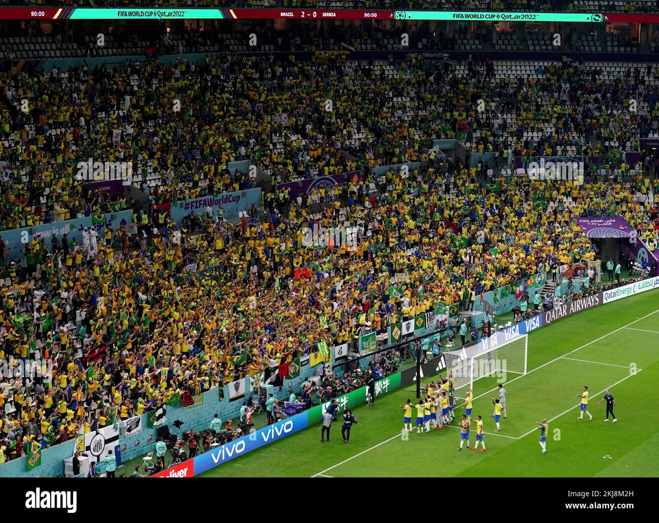 Brazil players applaud the fans at full time after the FIFA World Cup Group G match at the Lusail Stadium, Lusail, Qatar. Picture date: Thursday November 24, 2022. Stock Photo