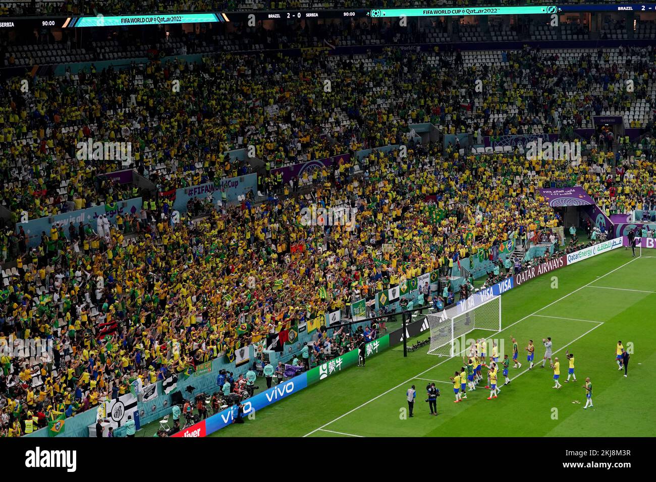 Brazil players applaud the fans at full time after the FIFA World Cup Group G match at the Lusail Stadium, Lusail, Qatar. Picture date: Thursday November 24, 2022. Stock Photo