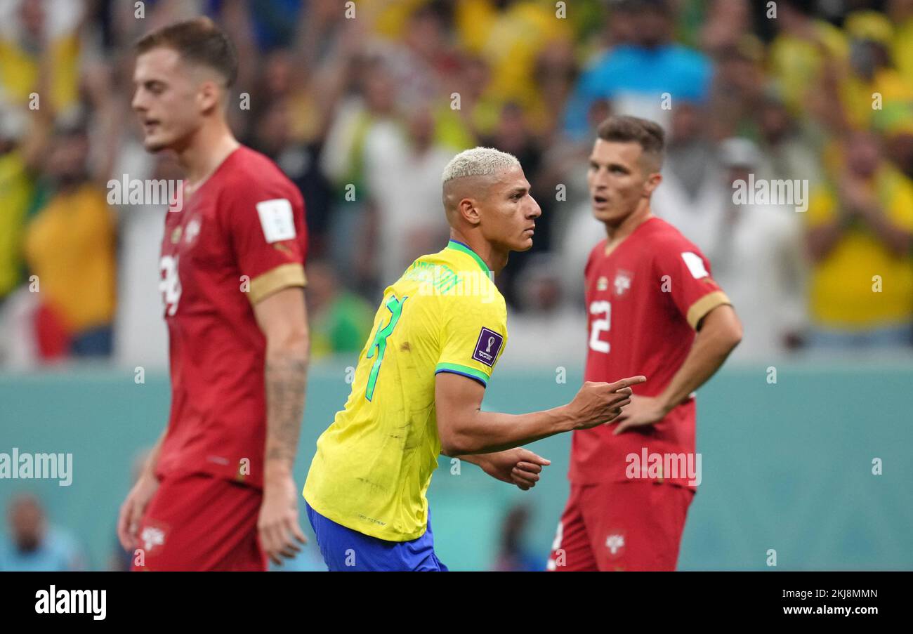 Brazil's Richarlison celebrates scoring their side's second goal of the game during the FIFA World Cup Group G match at the Lusail Stadium in Lusail, Qatar. Picture date: Thursday November 24, 2022. Stock Photo