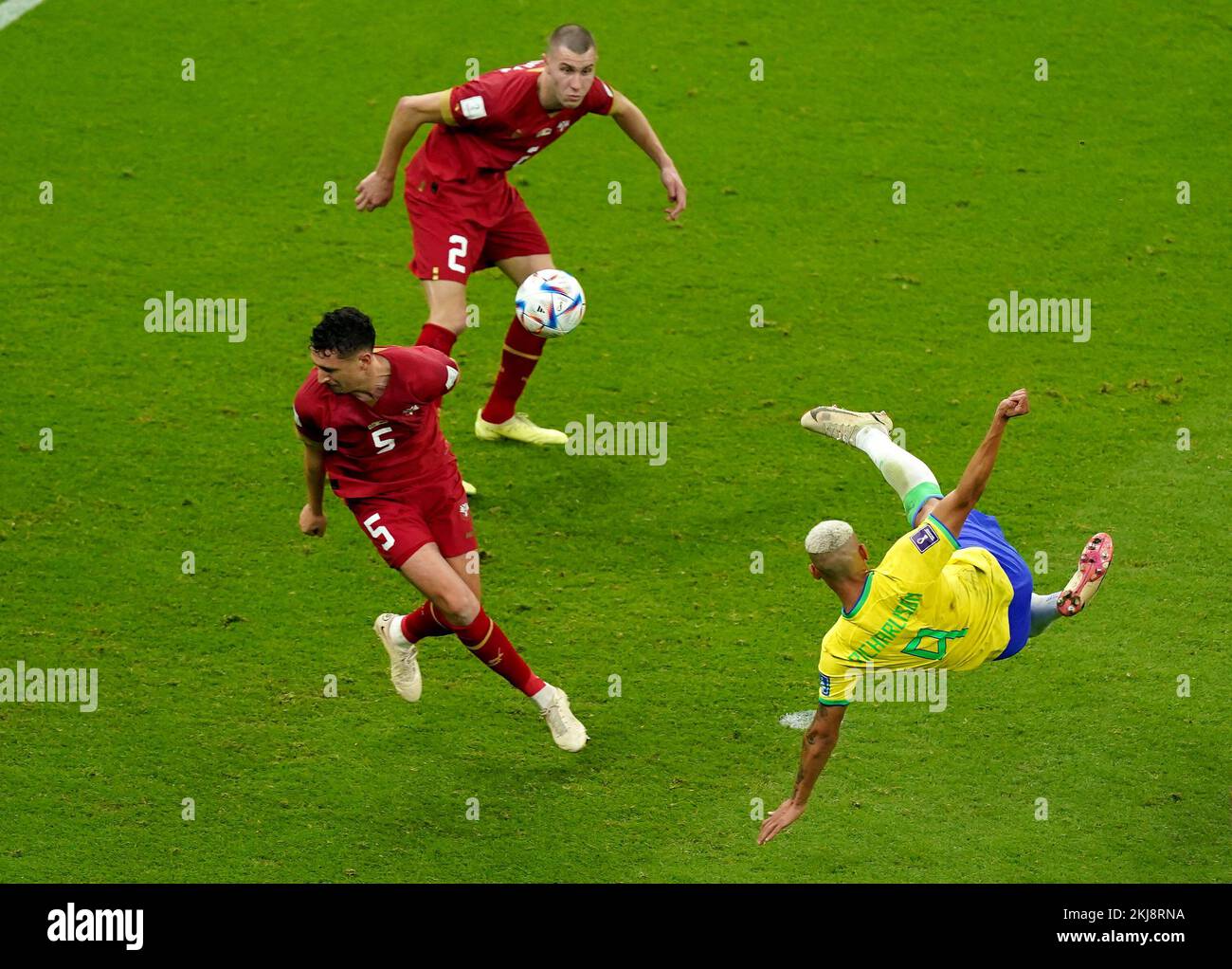 Brazil’s Richarlison scores their sides second goal during the FIFA World Cup Group G match at the Lusail Stadium, Lusail, Qatar. Picture date: Thursday November 24, 2022. Stock Photo