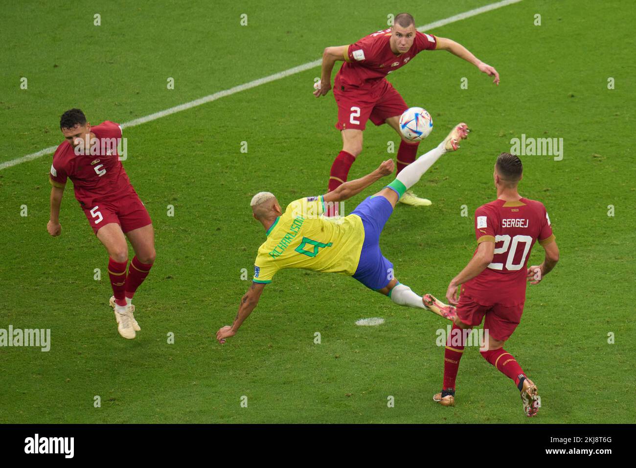 Lusail, Qatar. 24th Nov, 2022. Richarlison (C) shoots to score during the Group G match between Brazil and Serbia at the 2022 FIFA World Cup at Lusail Stadium in Lusail, Qatar, Nov. 24, 2022. Credit: Meng Dingbo/Xinhua/Alamy Live News Stock Photo