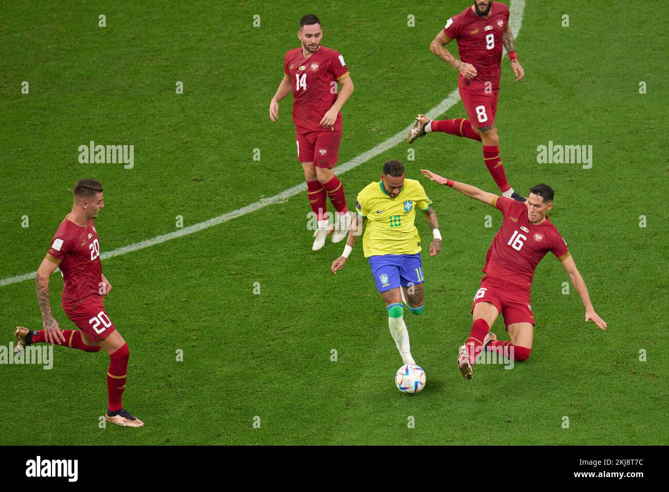 Lusail, Qatar. 24th Nov, 2022. Neymar (C) of Brazil controls the ball during the Group G match between Brazil and Serbia at the 2022 FIFA World Cup at Lusail Stadium in Lusail, Qatar, Nov. 24, 2022. Credit: Meng Dingbo/Xinhua/Alamy Live News Stock Photo