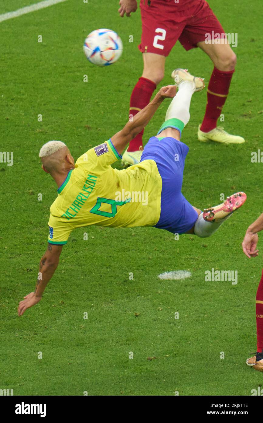 Lusail, Qatar. 24th Nov, 2022. Richarlison of Brazil shoots to score during the Group G match between Brazil and Serbia at the 2022 FIFA World Cup at Lusail Stadium in Lusail, Qatar, Nov. 24, 2022. Credit: Meng Dingbo/Xinhua/Alamy Live News Stock Photo