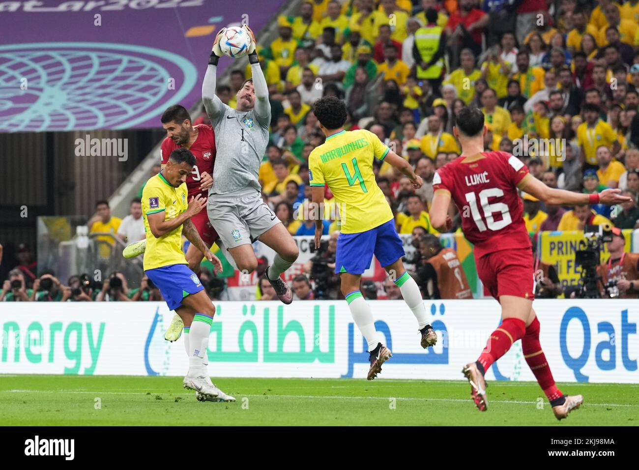 Brazil goalkeeper Alisson during the FIFA World Cup Group G match at the Lusail Stadium in Lusail, Qatar. Picture date: Thursday November 24, 2022. Stock Photo