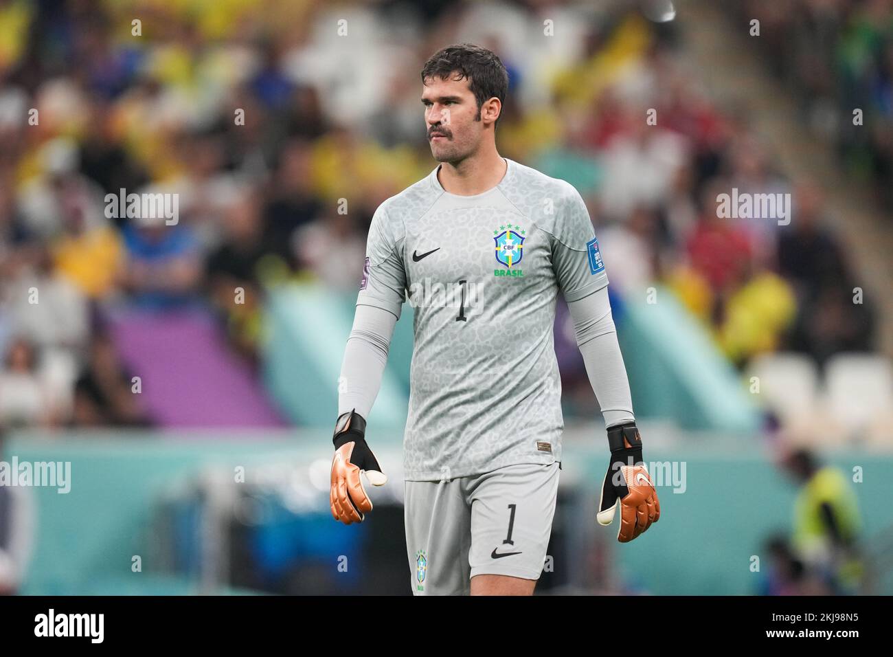 Brazil goalkeeper Alisson during the FIFA World Cup Group G match at the Lusail Stadium in Lusail, Qatar. Picture date: Thursday November 24, 2022. Stock Photo