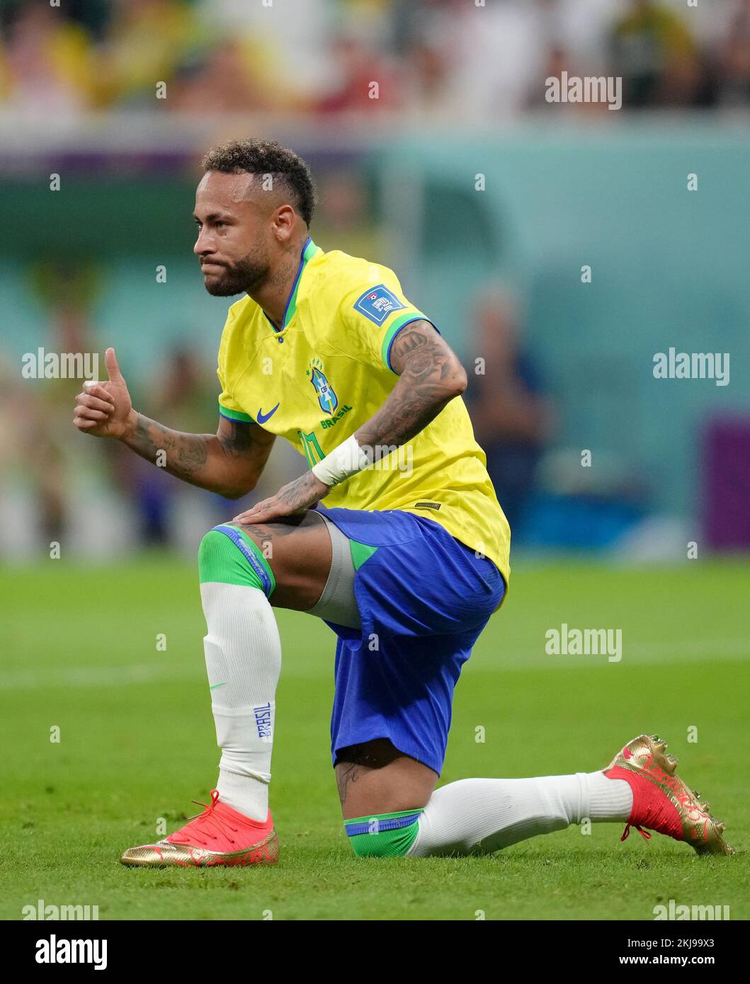 Brazil's Neymar appears frustrated after a missed chance during the FIFA World Cup Group G match at the Lusail Stadium in Lusail, Qatar. Picture date: Thursday November 24, 2022. Stock Photo