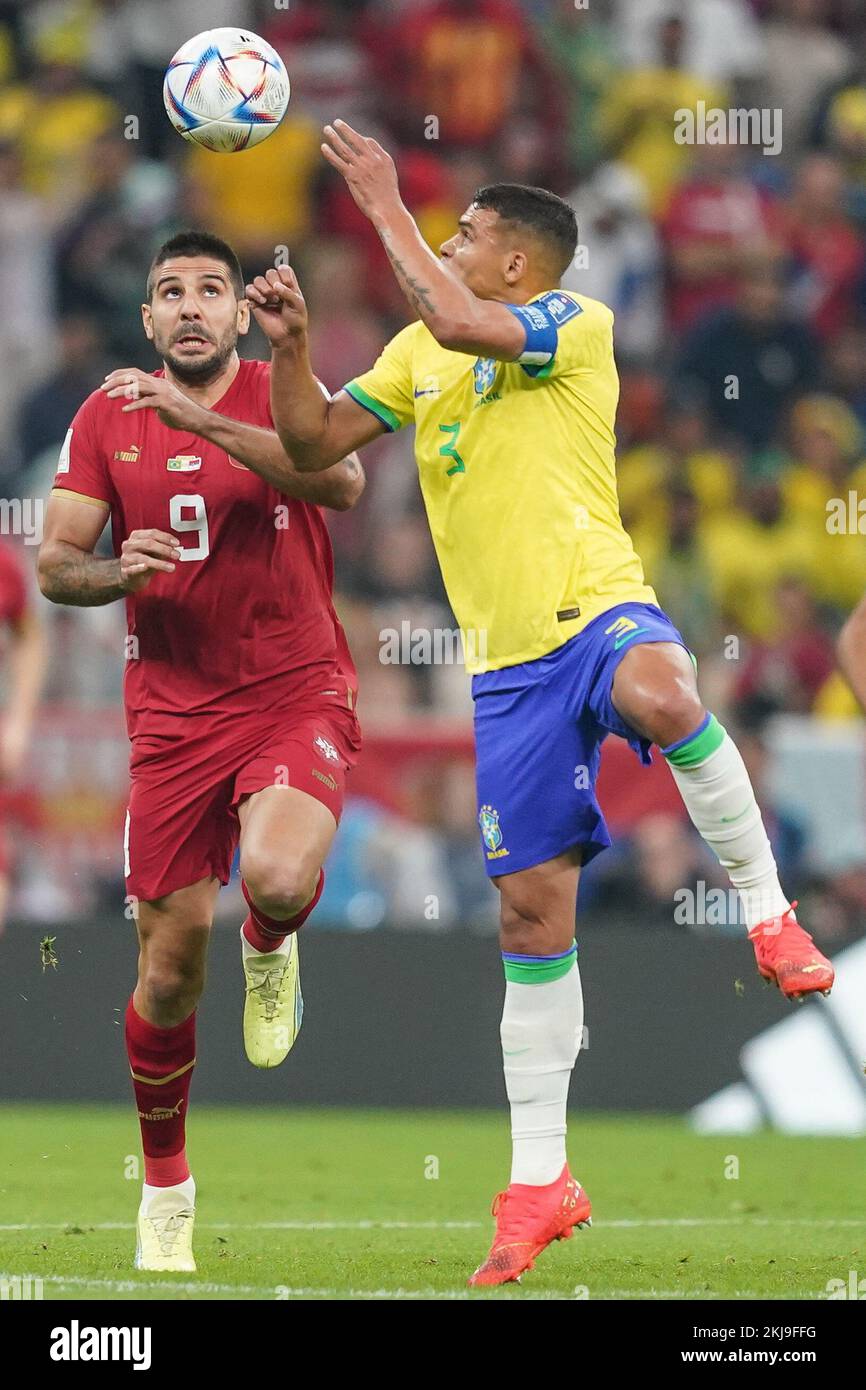 LUSAIL, QATAR - NOVEMBER 24: Player of Brazil  Thiago Silva fights for the ball with player of Serbia Aleksandar Mitrovic during the FIFA World Cup Qatar 2022 group G match between Brazil and Serbia at Lusail Stadium on November 24, 2022 in Lusail, Qatar (Photo by Florencia Tan Jun/PxImages) Credit: Px Images/Alamy Live News Stock Photo