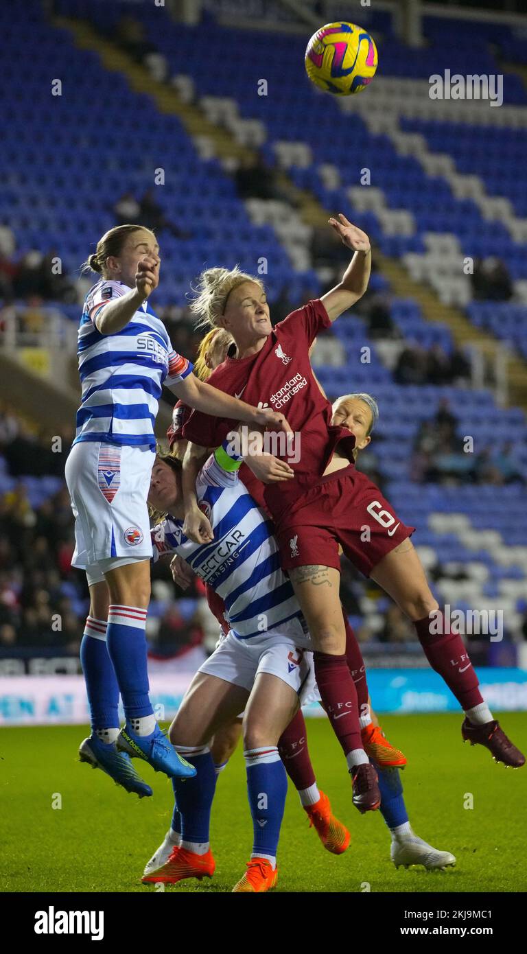 Reading, UK. 24th Nov, 2022. Reading, England, November 24th 2022: Jasmine Matthews (6 Liverpool) challenges for a header during the Barclays Womens Super League football match between Reading and Liverpool at the Select Car Leasing Stadium in Reading, England. (James Whitehead/SPP) Credit: SPP Sport Press Photo. /Alamy Live News Stock Photo
