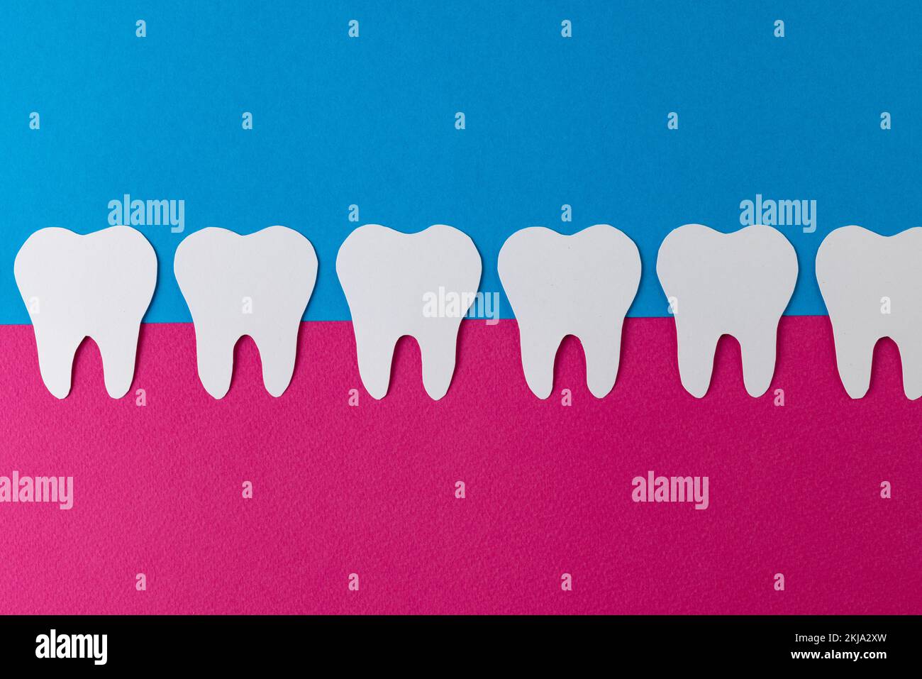 Composition of row of white teeth in pink gum on blue background, with copy space Stock Photo