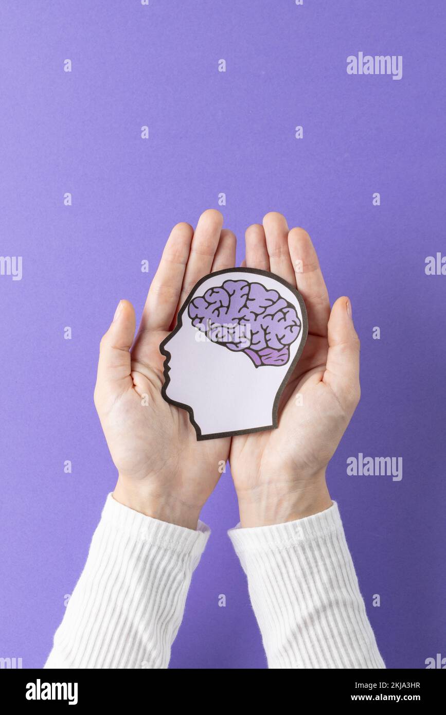 Hands holding head silhouette with brain on purple background with copy space Stock Photo