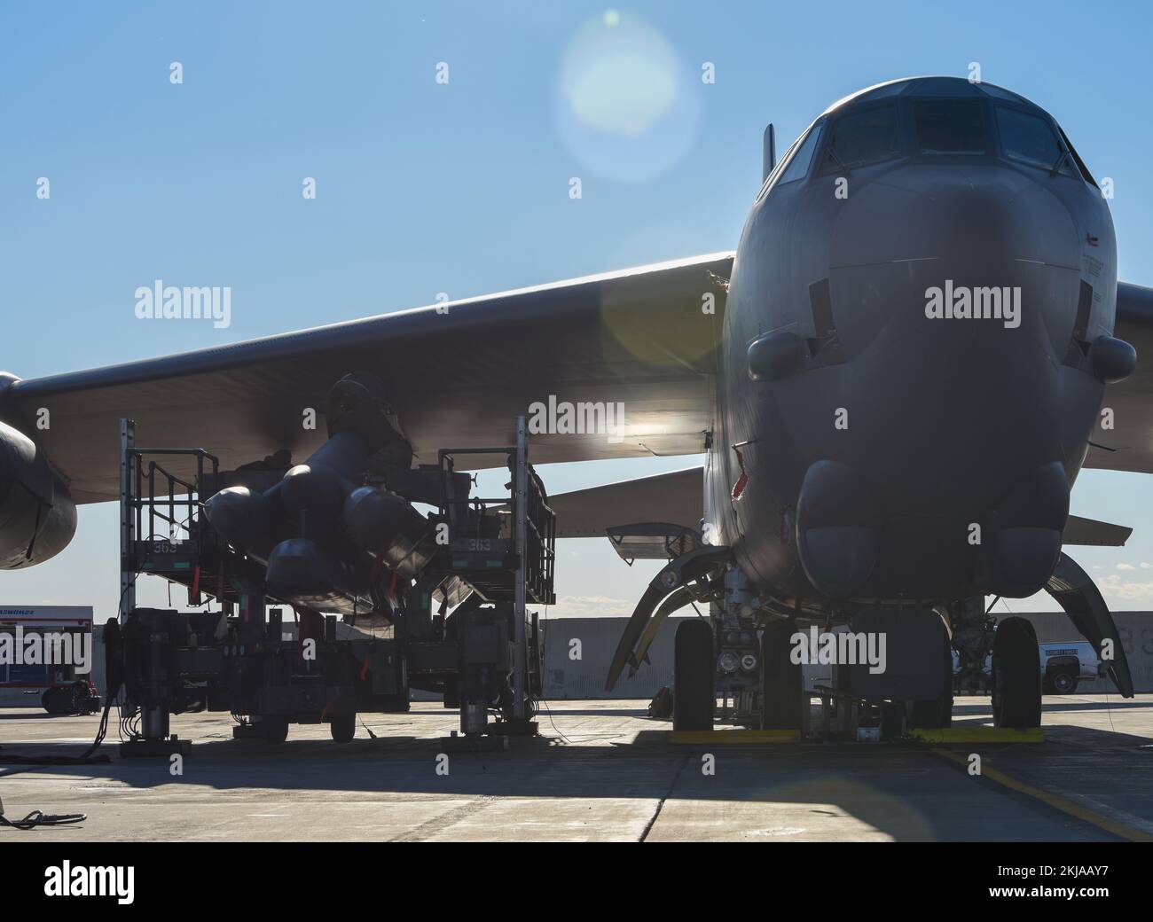 A B52H Stratofortress is loaded with AirLaunched Cruise Missiles