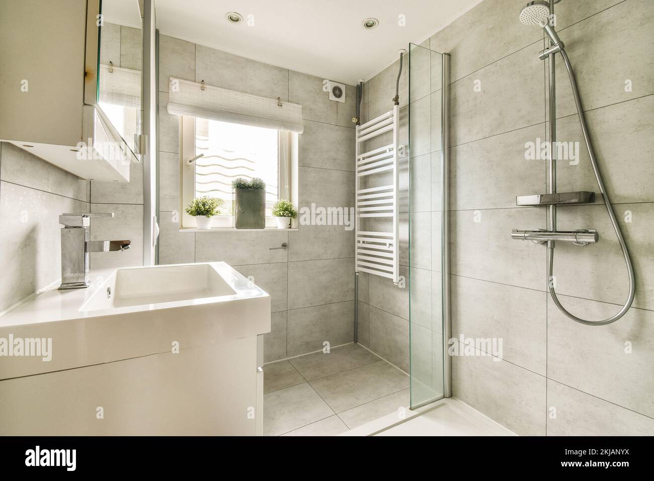 Glass partition between shower tap and wall hung toilet in modern