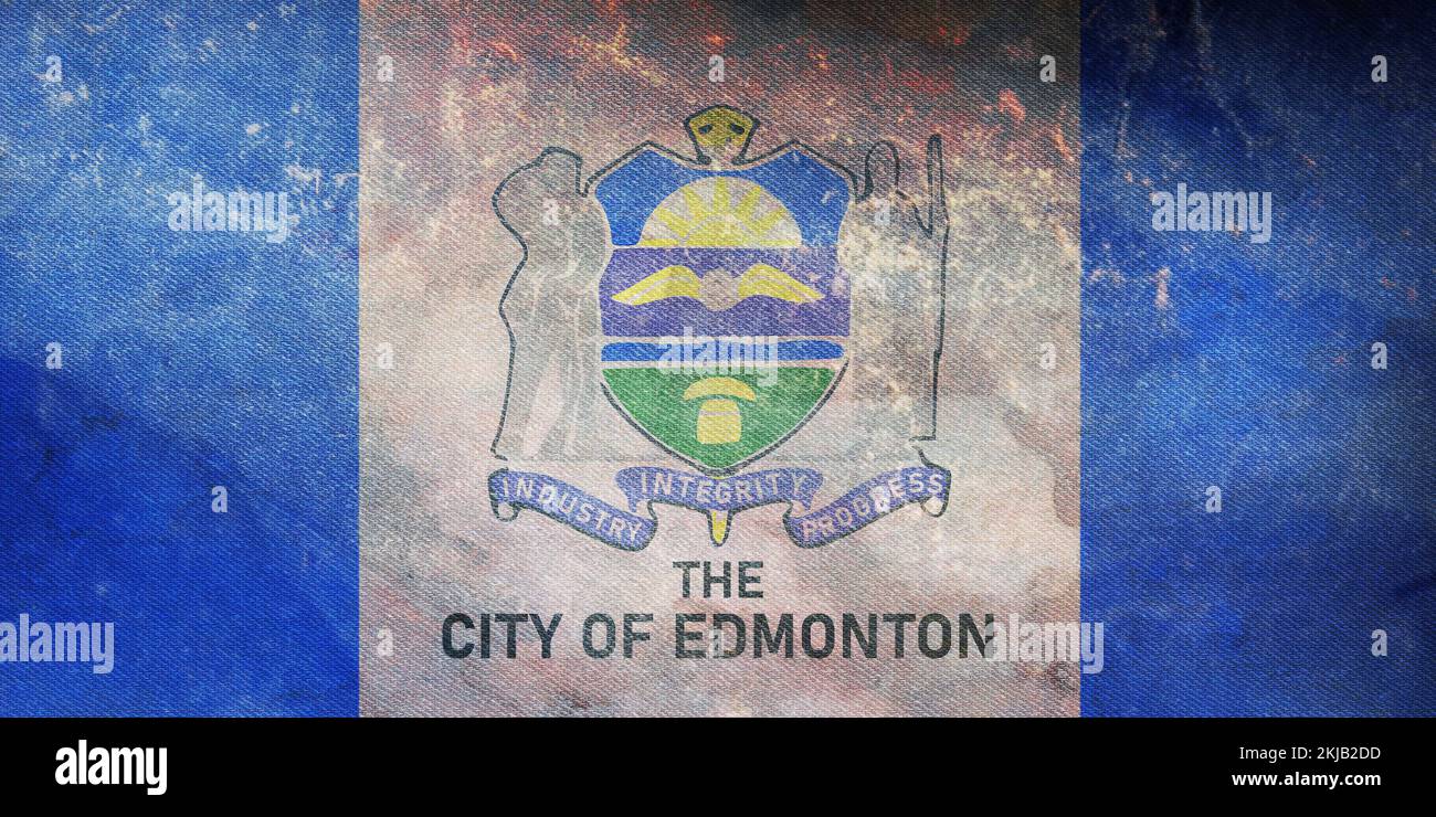 Top view of retro flag Edmonton 1966 1986, Alberta Canada with grunge