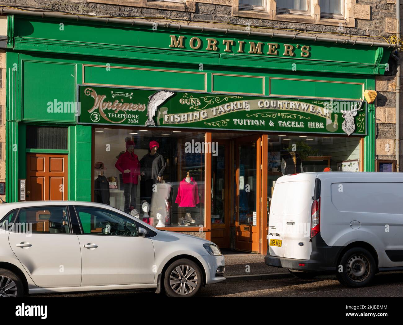 22 November 2022. Grantown on Spey,Scotland. This is the shop premises of Mortimers established in 1950 selling Fishing Tackle, Countrywear, Fishing T Stock Photo