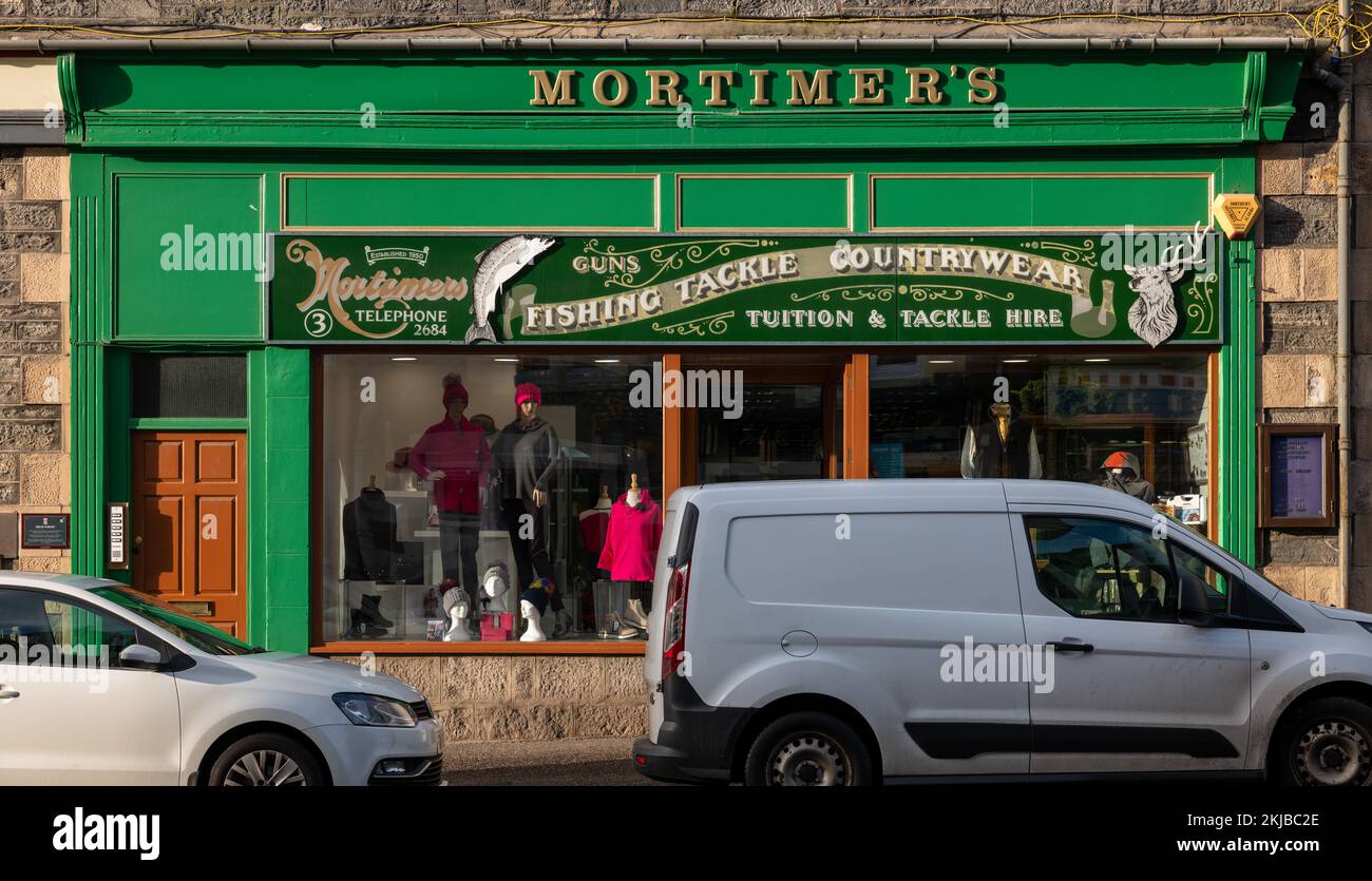 22 November 2022. Grantown on Spey,Scotland. This is the shop premises of Mortimers established in 1950 selling Fishing Tackle, Countrywear, Fishing T Stock Photo