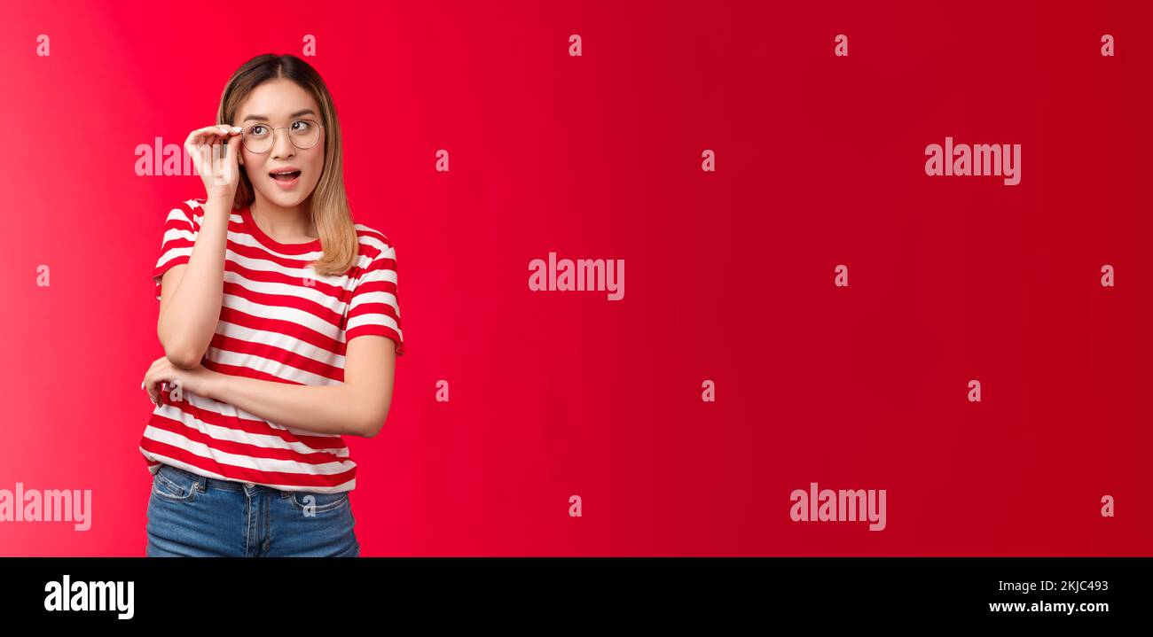 Attractive creative blond asian female journalist got great idea wear