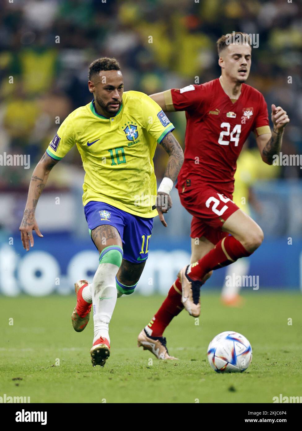 LUSAIL CITY - (l-r) Neymar of Brazil, Ivan Ilic of Serbia during the FIFA World Cup Qatar 2022 group G match between Brazil and Serbia at Lusail Stadium on November 24, 2022 in Lusail City, Qatar. AP | Dutch Height | MAURICE OF STONE Credit: ANP/Alamy Live News Stock Photo