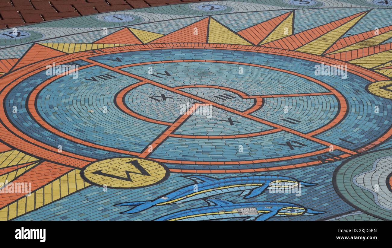 Clock and Compass mural art on State Street in Santa Barbara