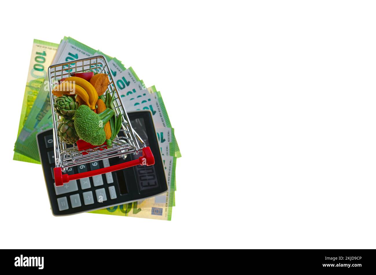 Rising food cart with groceries, euro bills and