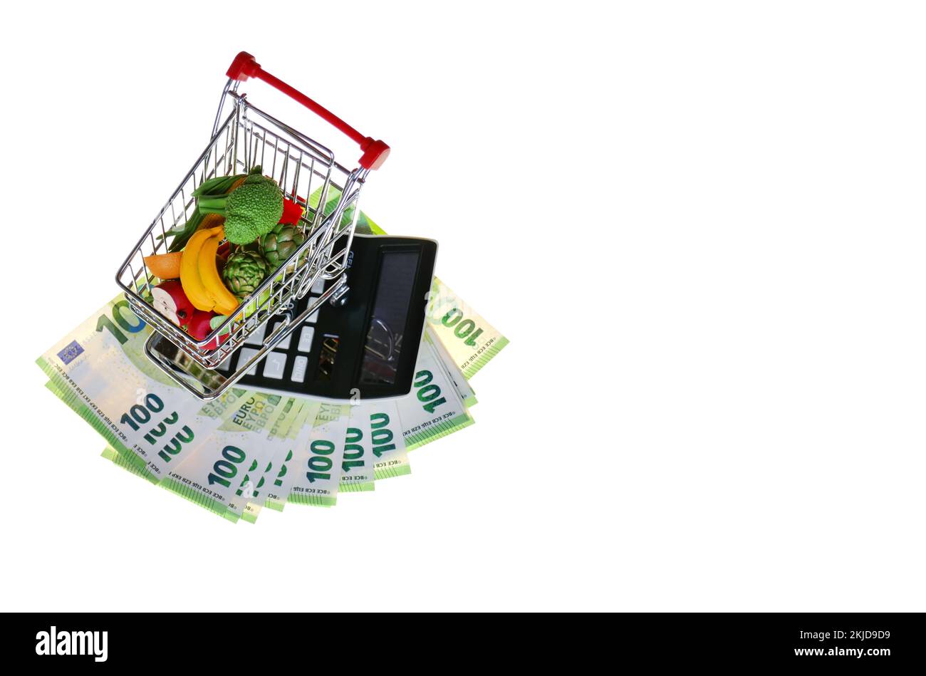 food basket cost.Rising food cart with groceries, euro