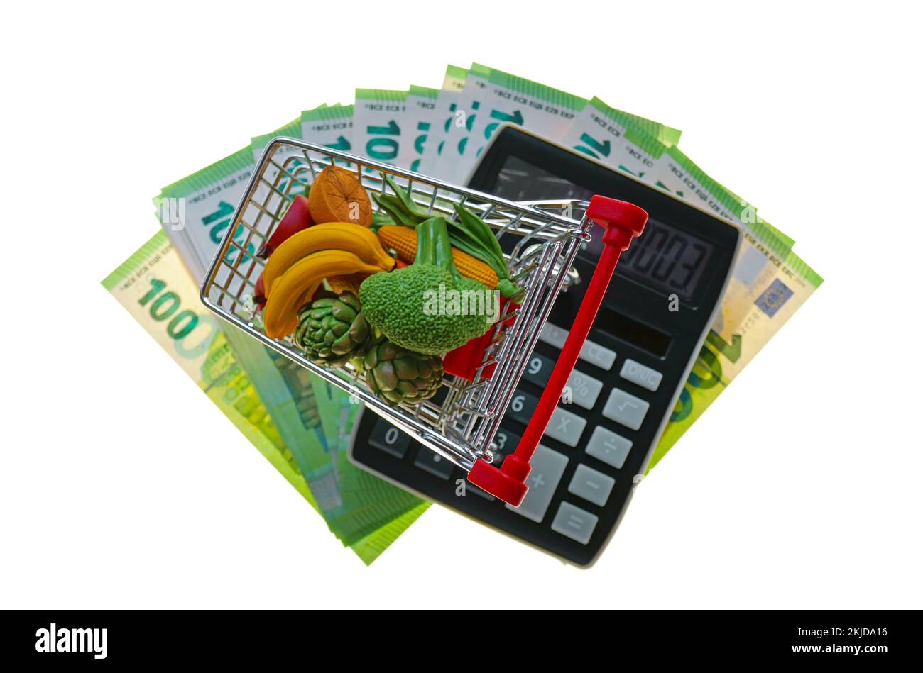 food basket cost.food cart with groceries, euro bills