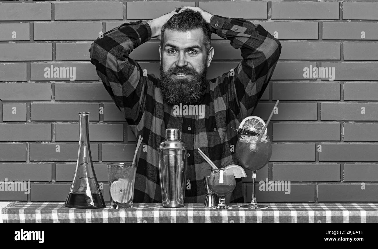 Alcoholic drinks concept. Man in checkered shirt on brick wall background prepares drinks. Barman with long beard and mustache and stylish hair on Stock Photo