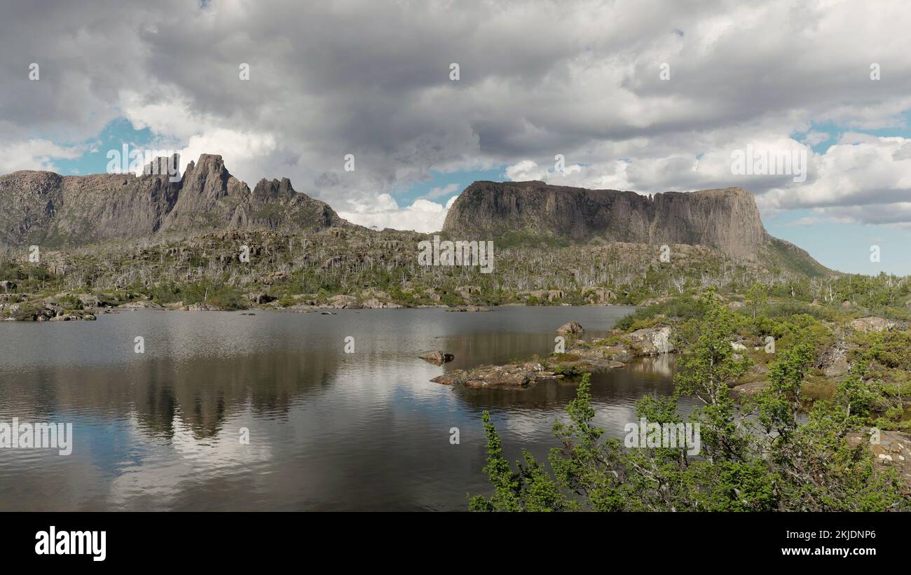 an afternoon view of lake elysia, mt geryon and the acropolis at the labyrinth in tasmania Stock Photo