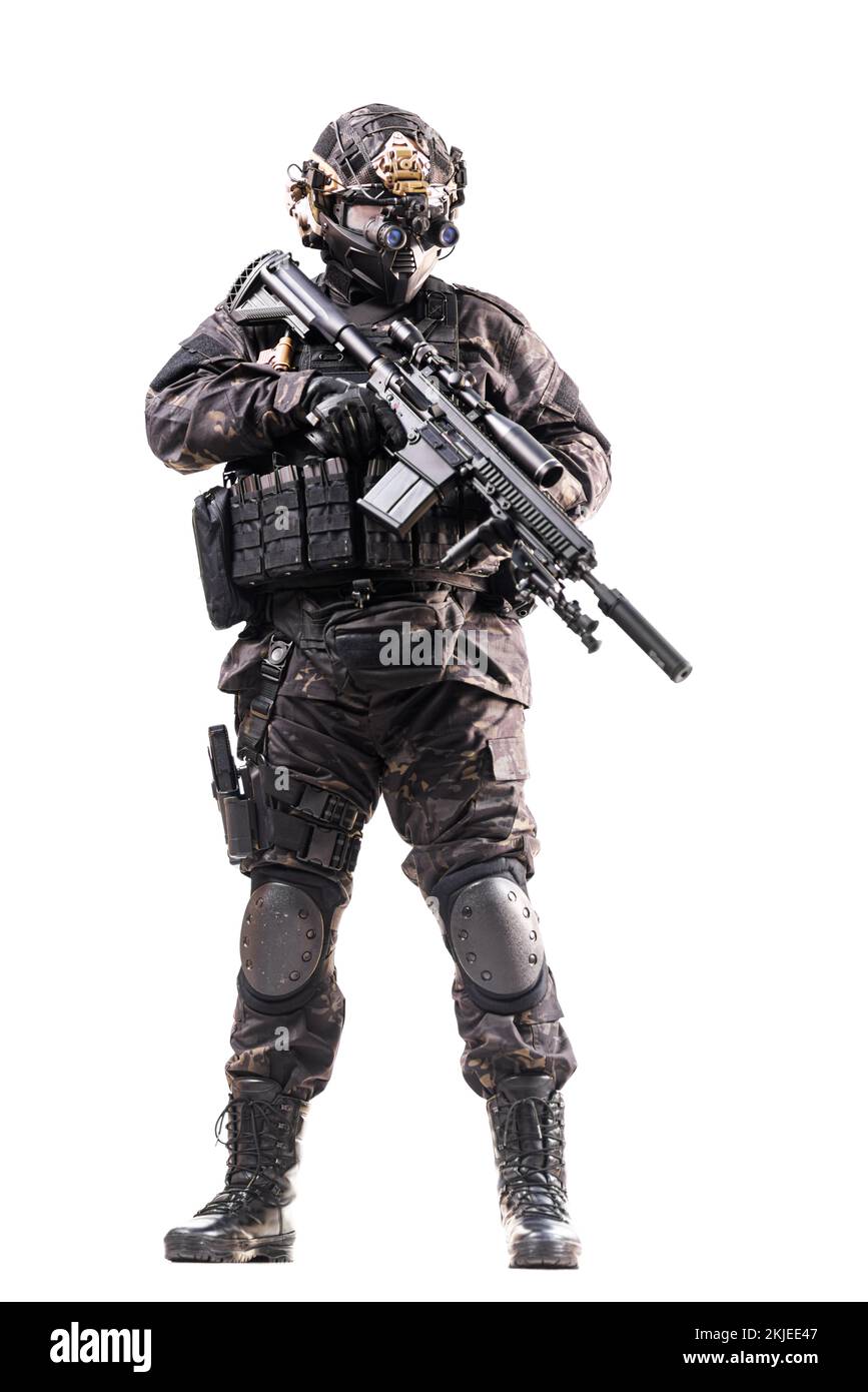 full body fully equipped soldier in tactical clothing and gear isolated on white background. Stock Photo