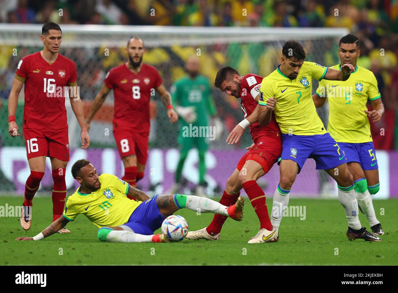Doha, Qatar. 24th Nov, 2022. Neymar (L) of Brazil in action with Dusan Tadic of Serbia during the 2022 FIFA World Cup Group G match at Lusail Stadium in Doha, Qatar on November 24, 2022. Photo by Chris Brunskill/UPI Credit: UPI/Alamy Live News Stock Photo
