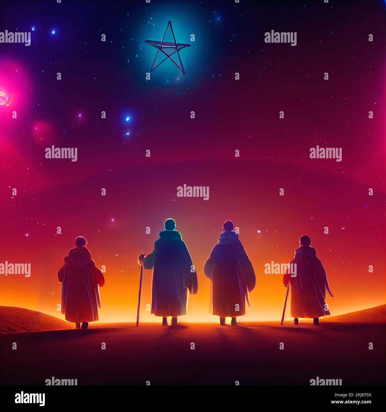 wise men walking to belen guided by the star Stock Photo