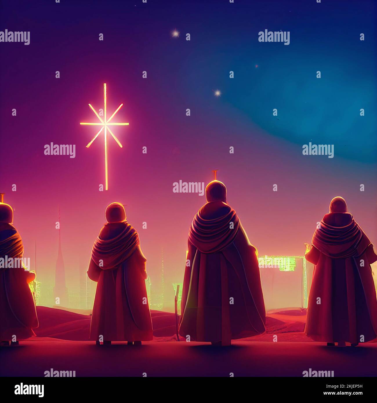 wise men walking to belen guided by the star Stock Photo