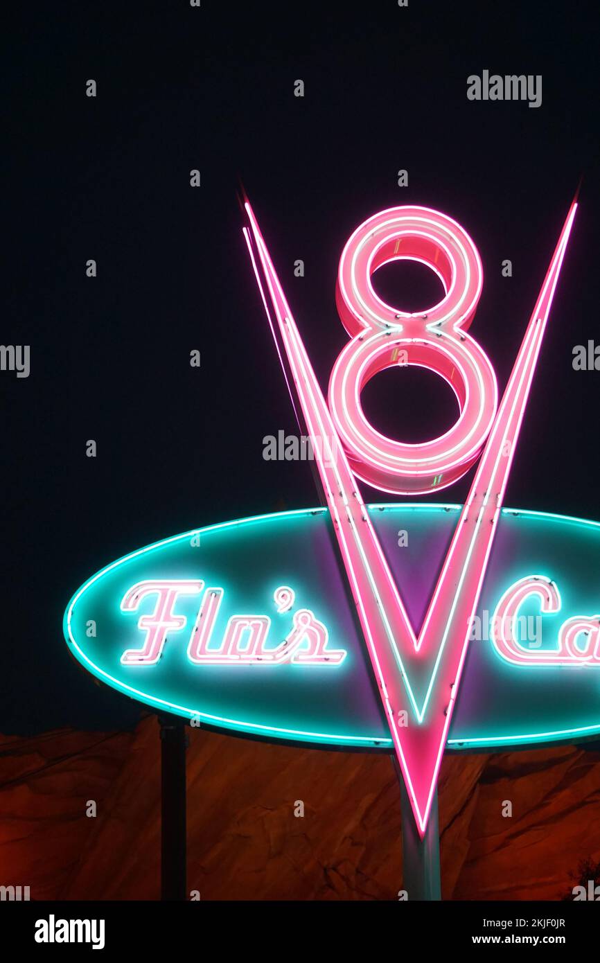 The Flo's Cafe Sign with dark colors at Disneyland, Los Angeles Stock ...
