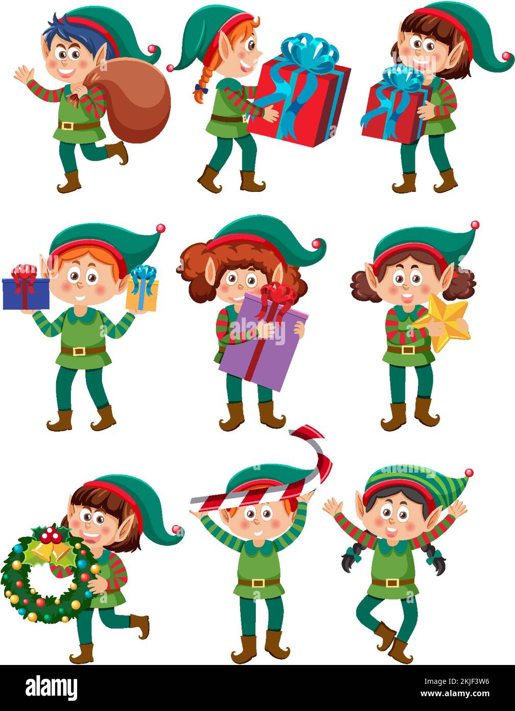 Christmas elves cartoon characters set illustration Stock Vector Image ...
