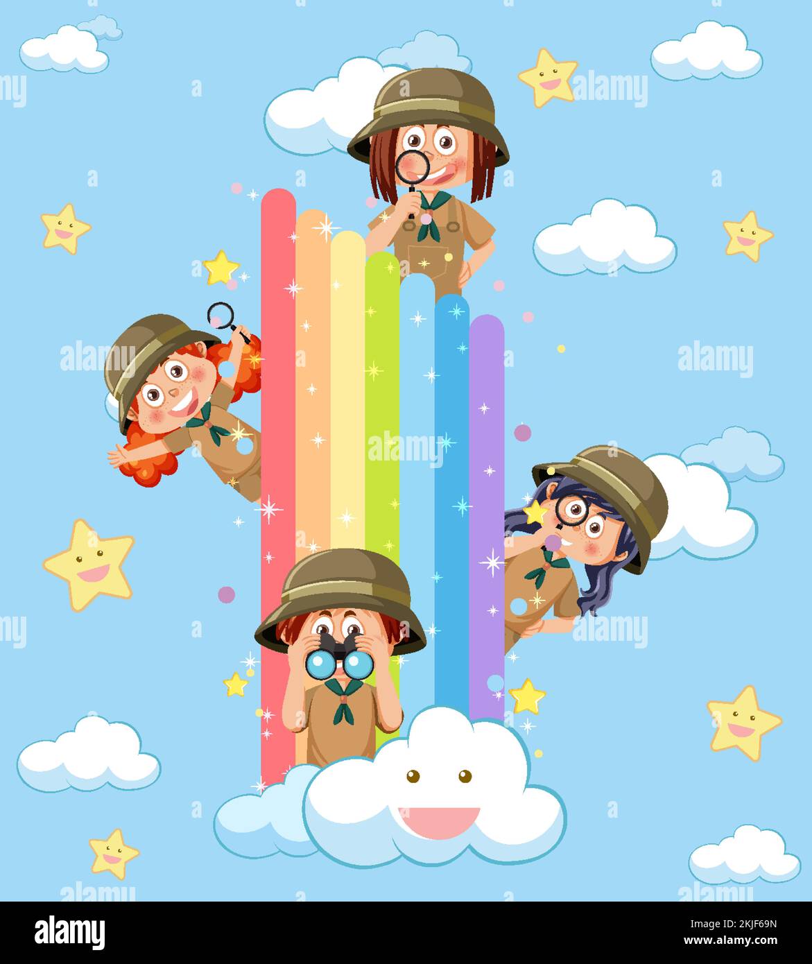 Happy kids in in the sky with rainbow illustration Stock Vector Image ...