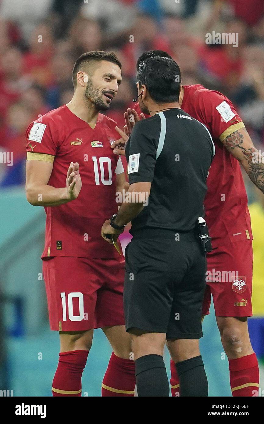 LUSAIL, QATAR - NOVEMBER 24: Player of Serbia Dusan Tadic talks to the referee during the FIFA World Cup Qatar 2022 group G match between Brazil and Serbia at Lusail Stadium on November 24, 2022 in Lusail, Qatar. (Photo by Florencia Tan Jun/PxImages) Credit: Px Images/Alamy Live News Stock Photo