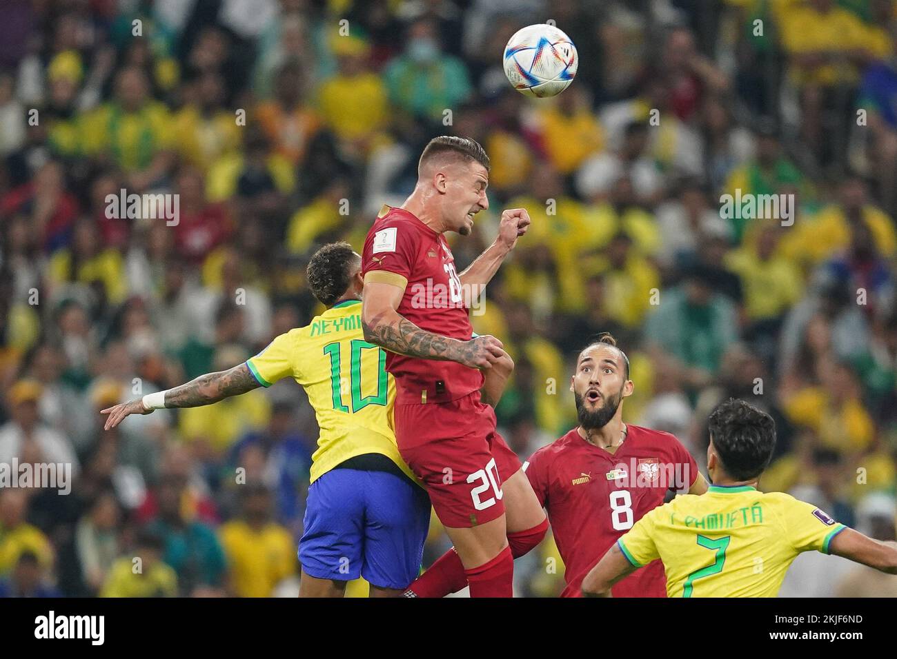 LUSAIL, QATAR - NOVEMBER 24: Player of Brazil Neymar fights for the ball with player of Serbia Sergej Milinkovic-Savic during the FIFA World Cup Qatar 2022 group G match between Brazil and Serbia at Lusail Stadium on November 24, 2022 in Lusail, Qatar. (Photo by Florencia Tan Jun/PxImages) Credit: Px Images/Alamy Live News Stock Photo