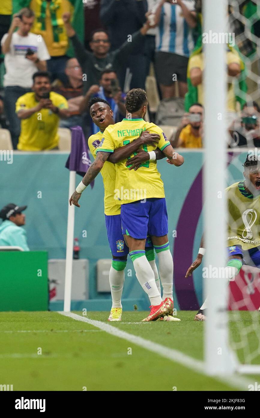 LUSAIL, QATAR - NOVEMBER 24: Player of Brazil Vinícius Júnior and Neymar celebrates after Richarlison scoring a goal during the FIFA World Cup Qatar 2022 group G match between Brazil and Serbia at Lusail Stadium on November 24, 2022 in Lusail, Qatar. (Photo by Florencia Tan Jun/PxImages) Credit: Px Images/Alamy Live News Stock Photo