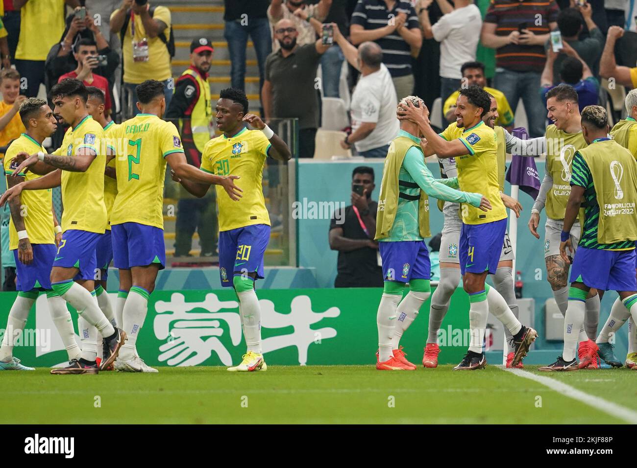 LUSAIL, QATAR - NOVEMBER 24: Players of Brazil celebrate after Richarlison scoring a goal during the FIFA World Cup Qatar 2022 group G match between Brazil and Serbia at Lusail Stadium on November 24, 2022 in Lusail, Qatar. (Photo by Florencia Tan Jun/PxImages) Credit: Px Images/Alamy Live News Stock Photo