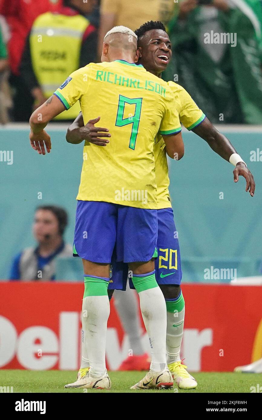 LUSAIL, QATAR - NOVEMBER 24: Player of Brazil Richarlison and Vinícius Júnior celebrate after Richarlison scoring his second goal during the FIFA World Cup Qatar 2022 group G match between Brazil and Serbia at Lusail Stadium on November 24, 2022 in Lusail, Qatar. (Photo by Florencia Tan Jun/PxImages) Credit: Px Images/Alamy Live News Stock Photo