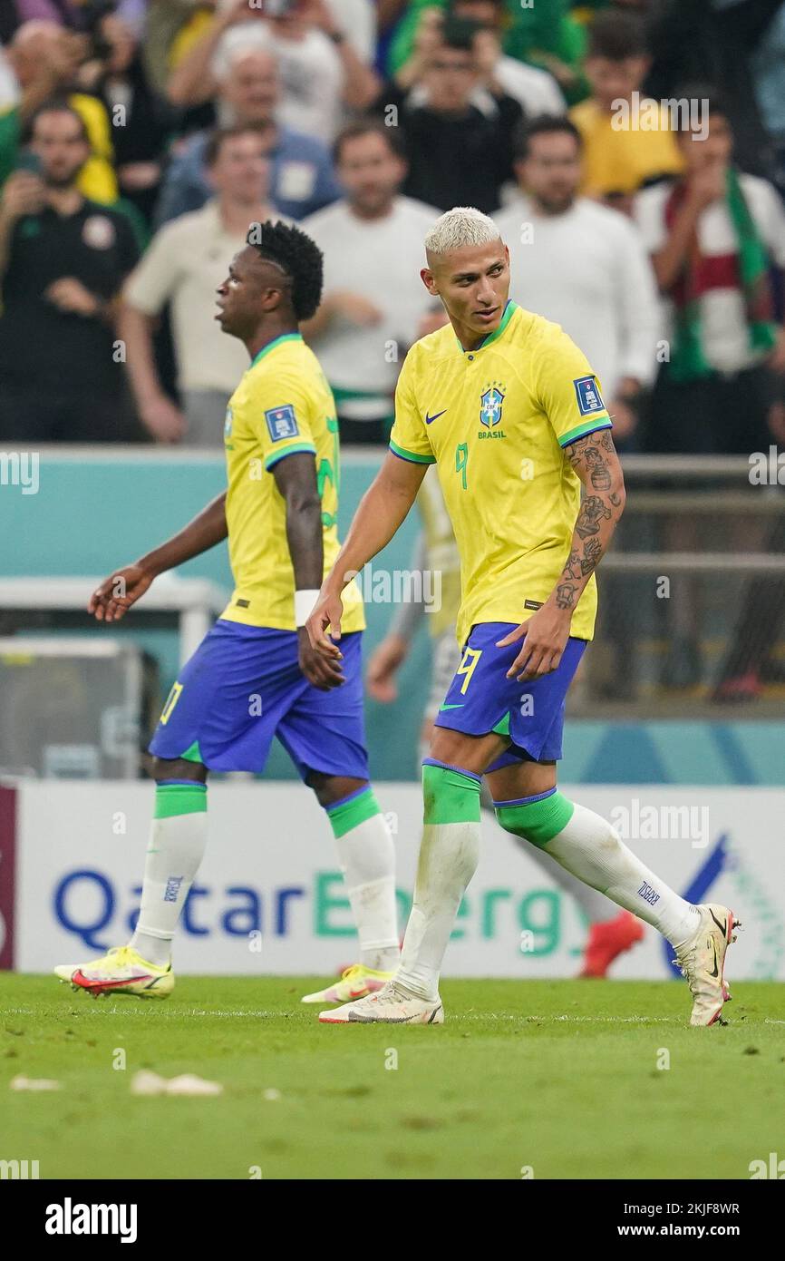 LUSAIL, QATAR - NOVEMBER 24: Player of Brazil Richarlison and Vinícius Júnior celebrate after Richarlison scoring his second goal during the FIFA World Cup Qatar 2022 group G match between Brazil and Serbia at Lusail Stadium on November 24, 2022 in Lusail, Qatar. (Photo by Florencia Tan Jun/PxImages) Credit: Px Images/Alamy Live News Stock Photo