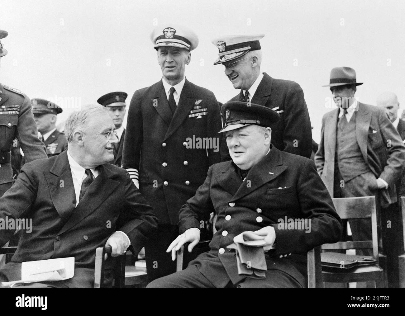 Roosevelt and Winston Churchill aboard HMS Prince of Wales for the 1941 Atlantic Charter meeting Stock Photo