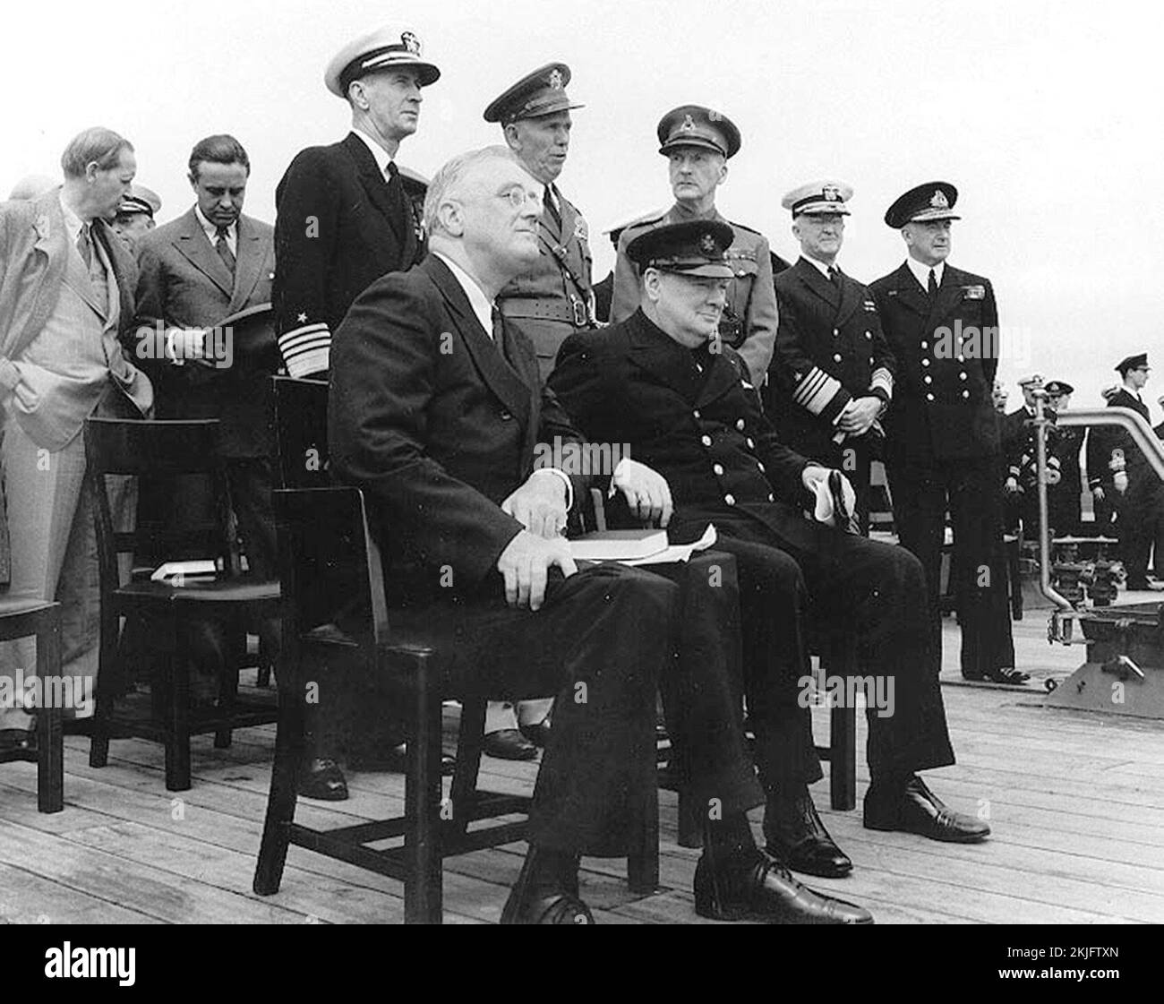 Roosevelt and Winston Churchill aboard HMS Prince of Wales for the 1941 Atlantic Charter meeting Stock Photo