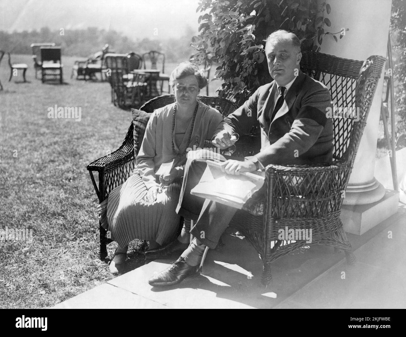 US President Franklin Roosevelt (showing leg brace) and his wife their home in Hyde Park in 1927. Photo credit https://commons.wikimedia.org/w/index.php?curid=47752765 Stock Photo