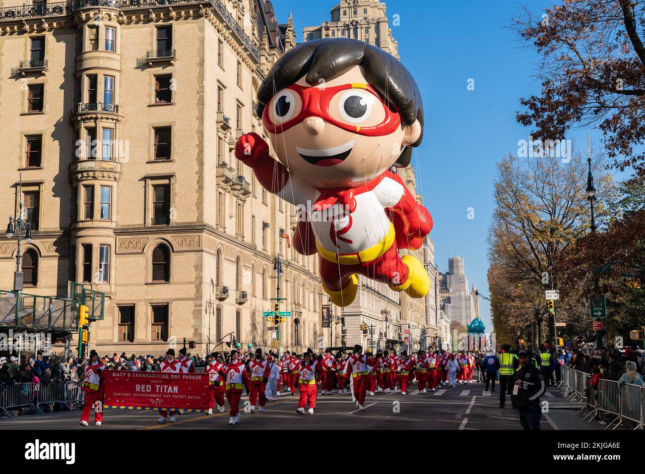 New York, USA. 24th Nov, 2022. Red Titan balloon flown during 96th Macy's Thanksgiving Day Parade along streets of New York (Photo by Lev Radin/Pacific Press) Credit: Pacific Press Media Production Corp./Alamy Live News Stock Photo