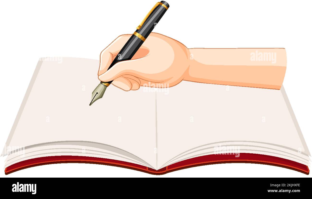 Hand holding pen writing on blank book illustration Stock Vector Image ...